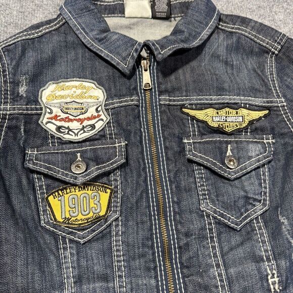 Harley Davidson Jean Jacket Womens Medium Denim Patches Zip Up Biker Motorcycle - Picture 5 of 11
